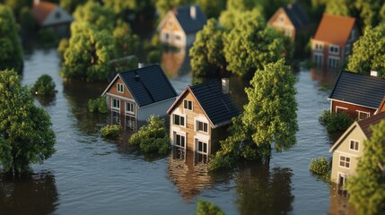 Fototapeta premium 3D-rendered visual of houses surrounded by floodwater, showcasing a natural disaster scenario