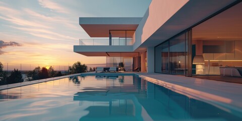 Fototapeta premium Serene Modern Architecture at Sunset