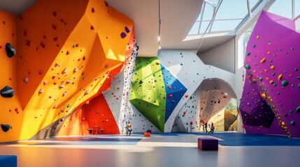 A Contemporary Indoor Bouldering Gym Featuring Vibrantly Colorful Rock Climbing Walls for All Levels