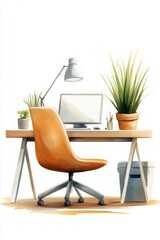 Office chair and desk lamp flat design, front view, industrial theme, watercolor, Complementary Color Scheme