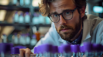 Close Up Portrait of Man in Lab Coat with Test Tubes and Beaker - Realistic Image