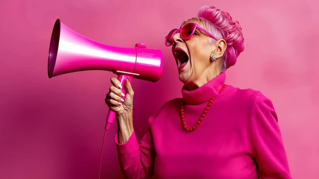 Enthusiastic elderly woman with pink hair, wearing bright pink clothes and sunglasses, shouting through a pink megaphone. Screaming in megaphone. Business announcement or communication concept