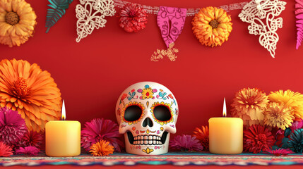 Colorful decorations, candles, and skull create vibrant Day of Dead altar scene. festive atmosphere is enhanced by bright flowers and papel picado banners