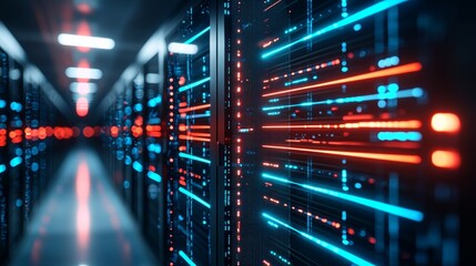 Fototapeta premium Futuristic Data Center Hallway With Illuminated Server Racks and Digital Technology