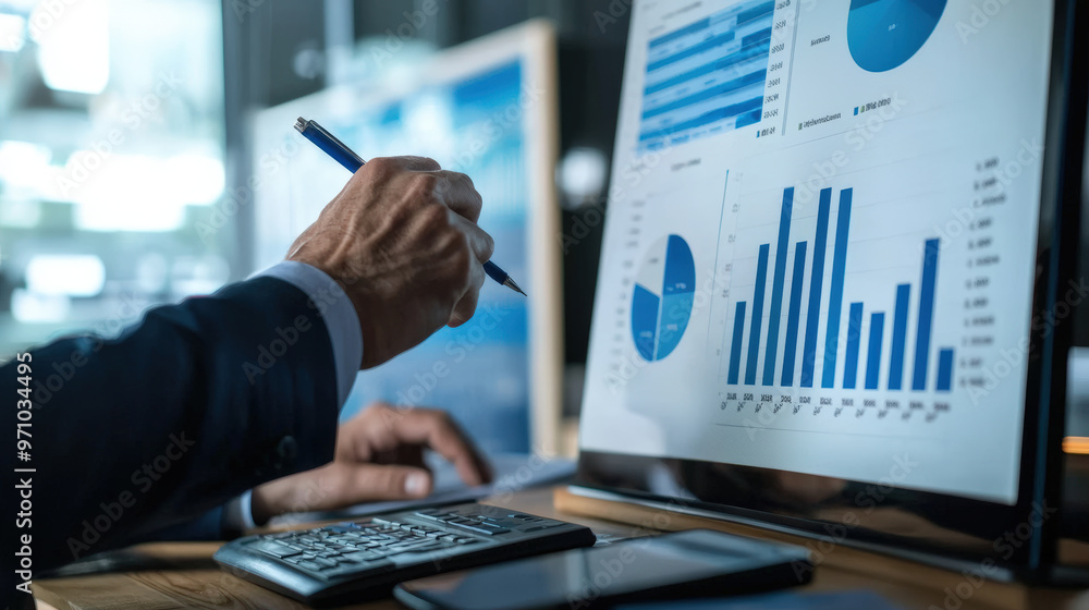 Poster analyzing data and presenting graphs during business negotiation, an executive uses calculator and l
