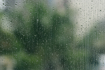 Rain-Kissed Windowpane: A serene view of nature through a rain-streaked window, with water droplets...