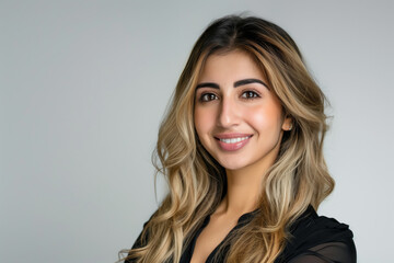Fototapeta premium Woman with long blonde hair is smiling for the camera. She is wearing a black shirt and a black dress