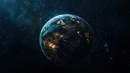 Obraz premium nighttime view of Earth from orbit showcases illuminated cities and natural beauty, highlighting planets vibrant life and interconnectedness