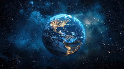 Earth is depicted in stunning detail, showcasing illuminated continents against cosmic backdrop. This captivating view highlights beauty of our planet in vast universe
