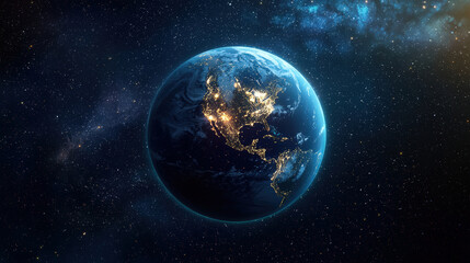 Fototapeta premium image showcases Planet Earth at night, beautifully illuminated by city lights across continents, set against cosmic backdrop