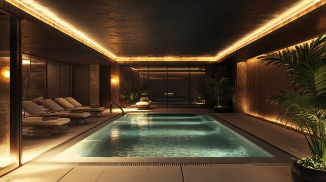 A luxurious indoor pool with modern architectural design, ambient lighting, and sleek lounge chairs