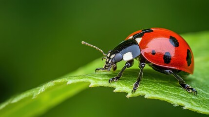 Naklejka premium Close-up view of a ladybug on a leaf with vibrant red and black colors against a green background showcasing the delicate details of the insect in a natural setting