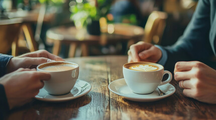 Two businesspeople negotiating over cup of coffee, showcasing collaborative atmosphere. warm tones and cozy setting enhance professional yet relaxed vibe