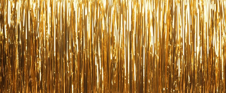 Glittery golden foil fringe curtain backdrop for festive celebrations and events