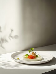 A minimalist plate showcasing a delicate dish with garnishes and artistic presentation.