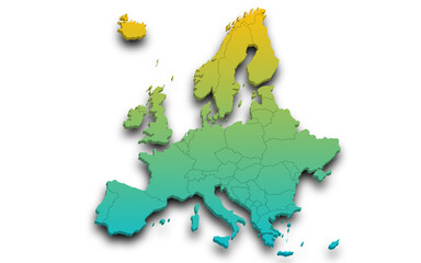 3d render map of Europe all Country with borders and regions, Europe continent administrative map with color on white background. EU, European countries map