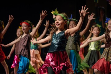 A group of young girls are singing and dancing on stage