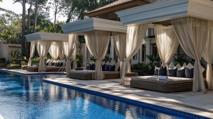A luxurious pool surrounded by private cabanas, each with sheer curtains and plush furniture
