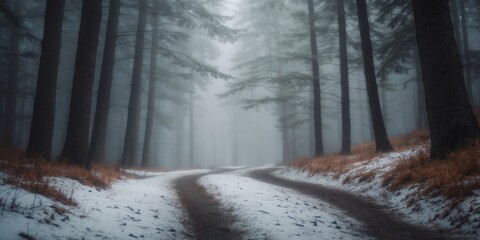 Naklejka premium A snowy path winding through a misty evergreen forest.