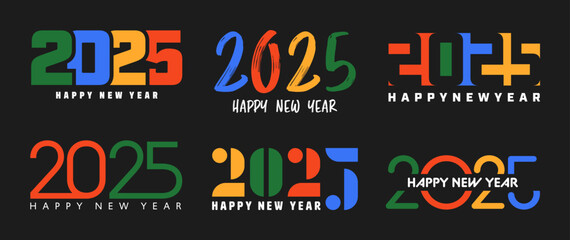 Set of 2025 Happy New Year greeting text designs. Christmas banner, poster, festive greeting card or seasonal promotion template. Collection of 2025 numbers with greetings. Vector illustration