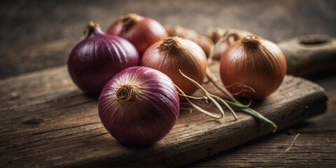 Rustic onions on a weathered wooden board.
