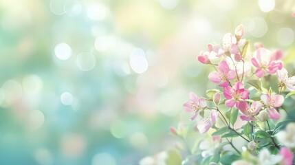 Fototapeta premium Soft pastel spring scene with abstract light bokeh effect in the background creating a dreamy blur of vibrant blossoms and greenery