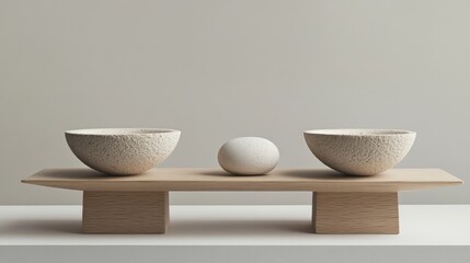 A minimalist scale made of wood and stones, with two stone bowls on either side, evoking a sense of balance in nature.