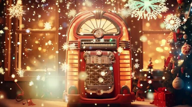 Vintage jukebox is playing christmas music by the window, creating a warm and nostalgic atmosphere in a cozy winter setting. The snow falling outside adds to the magical ambiance