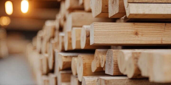 wooden construction materials in a lumber yard.