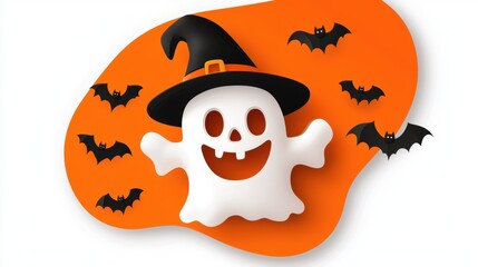 Fototapeta premium A playful ghost character with a witch hat, surrounded by bats on an orange background, perfect for Halloween designs.