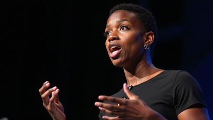 Determined Black woman giving motivational speech on stage