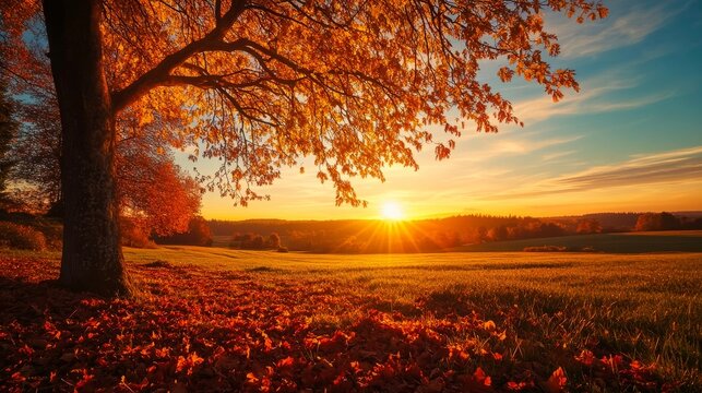 A serene autumn sunset illuminates a golden field with vibrant orange and red leaves under a large tree.