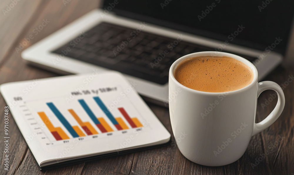 Poster a laptop with business forecast chart, notebook, and cup of coffee create productive workspace atmos
