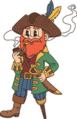 Cartoon groovy pirate and corsair character. Isolated vector cheerful captain personage with a peg leg and pipe, wears a tricorn hat with a feather, stands confidently, gripping a sword in hand