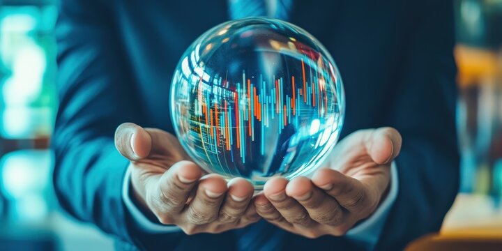 A business professional holds a crystal ball displaying vibrant data graphs, symbolizing future predictions and analytics.