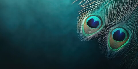 Obraz premium A close-up view of a peacock feather showcasing its vibrant colors and intricate details against a soft, dreamy background.