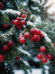 Close-up of a tree decorated with berries and snowflakes.