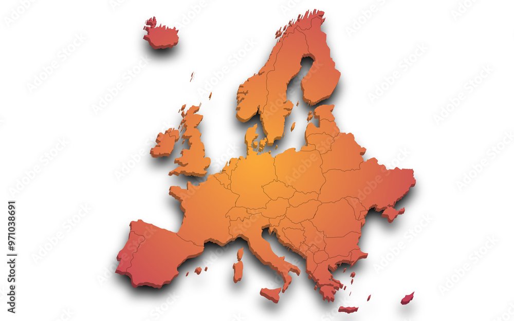 Wall mural 3d render map of europe all country with borders and regions, europe continent administrative map wi