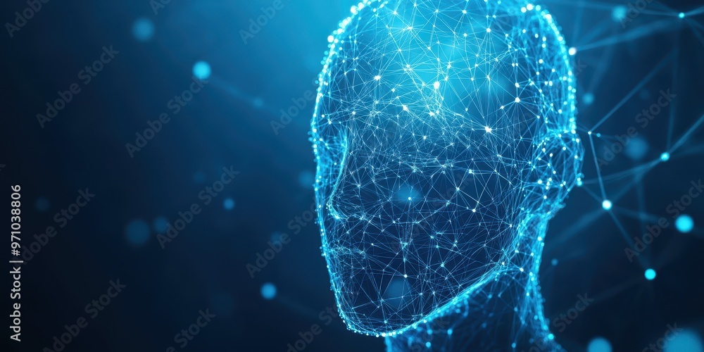 Poster a digital representation of a human head composed of glowing nodes and connections, symbolizing arti