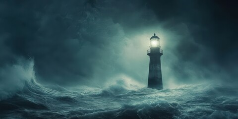 Fototapeta premium A dramatic lighthouse stands firm against tumultuous waves, casting a guiding light in a dark, stormy sea.