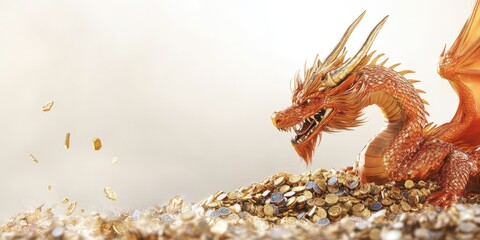 Obraz premium A fierce red dragon guarding a pile of shimmering gold coins, embodying the mythical allure of treasure and fantasy.