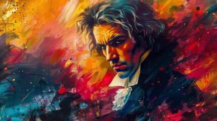 This painting is very detailed, bright colors, serious, Beethoven.
