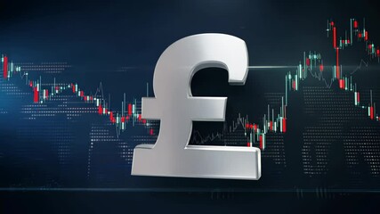 Large silver pound symbol in front of a financial chart background with market trend lines, representing currency and financial markets. - Powered by Adobe