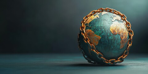 A globe wrapped in chains symbolizes global challenges and issues such as confinement, restriction, and environmental concerns.