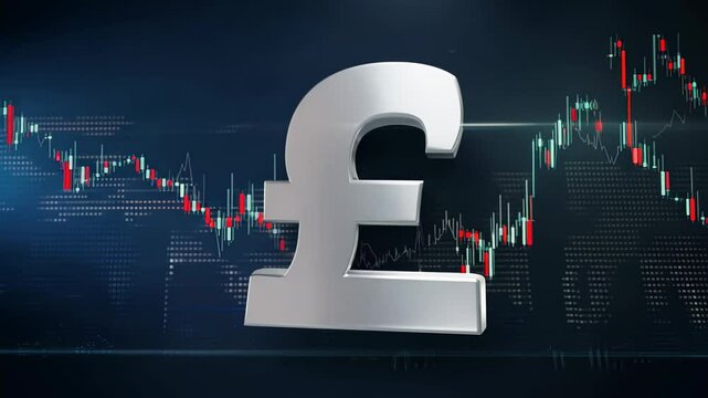  Large silver pound symbol in front of a financial chart background with market trend lines, representing currency and financial markets. - Powered by Adobe