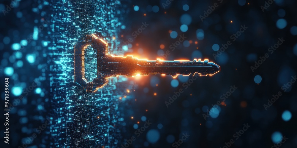 Poster a glowing key emerges from a digital background, symbolizing security and access in the cyber world.