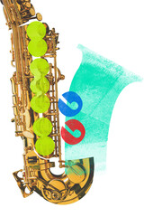 Modern. Vibrant, Cubist-inspired saxophone, fragmented with bold colors and playful shapes against...