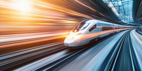 A high-speed train gliding smoothly through a modern station, capturing motion and energy with dynamic light trails.