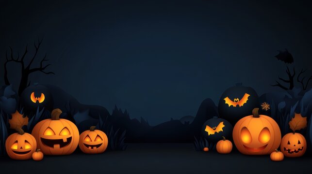 A spooky Halloween scene featuring glowing pumpkins and bats against a dark background, perfect for festive celebrations.