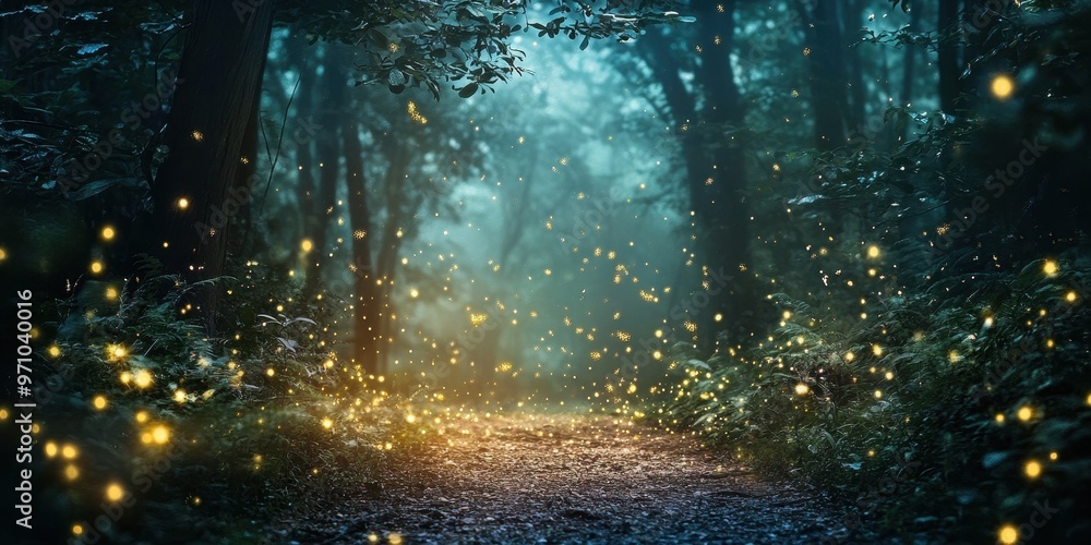 Poster a magical forest scene illuminated by glowing fireflies, creating an enchanting atmosphere in the tr